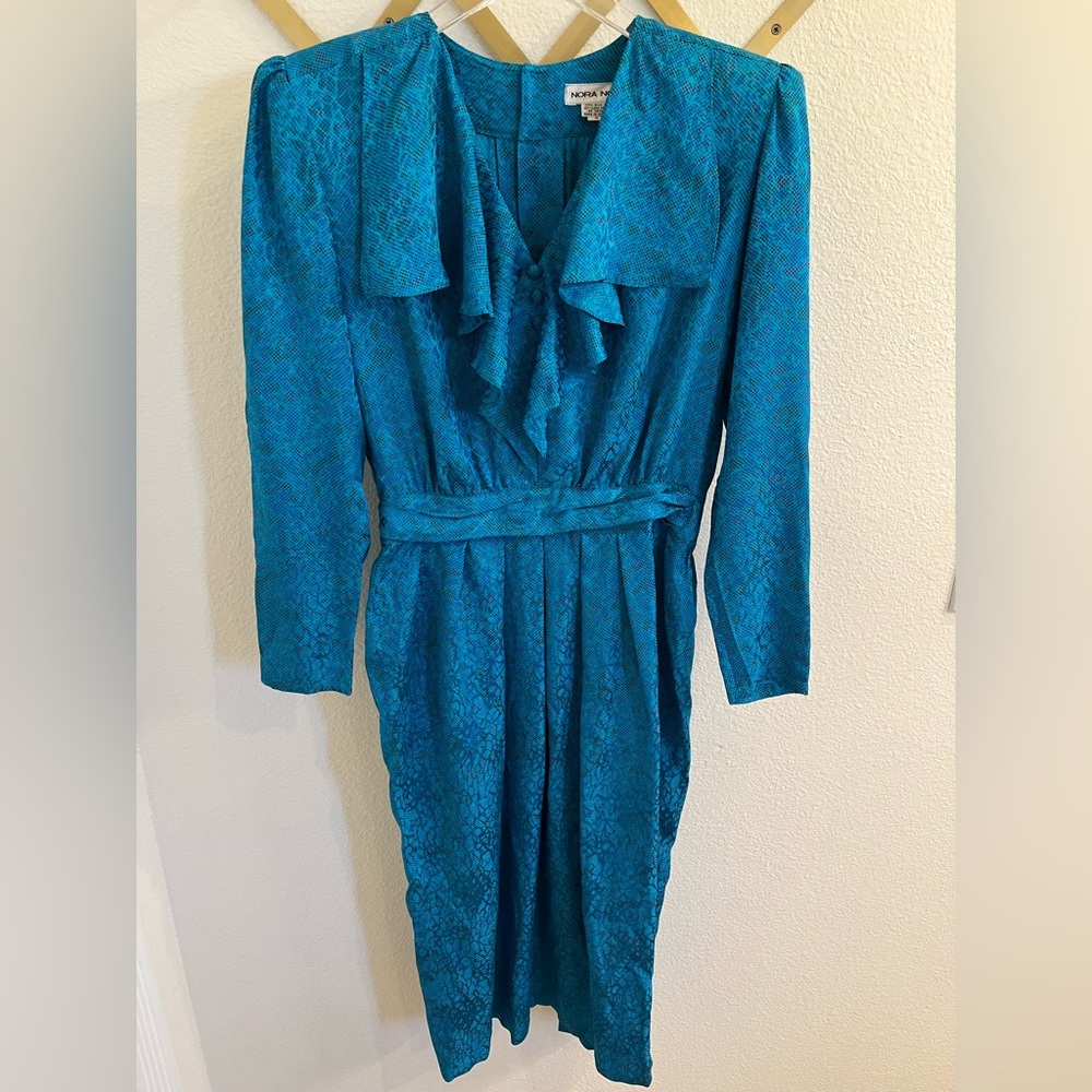 Vintage 80’s Nora Noh 100% Silk Midi Dress Blue Turquoise 4